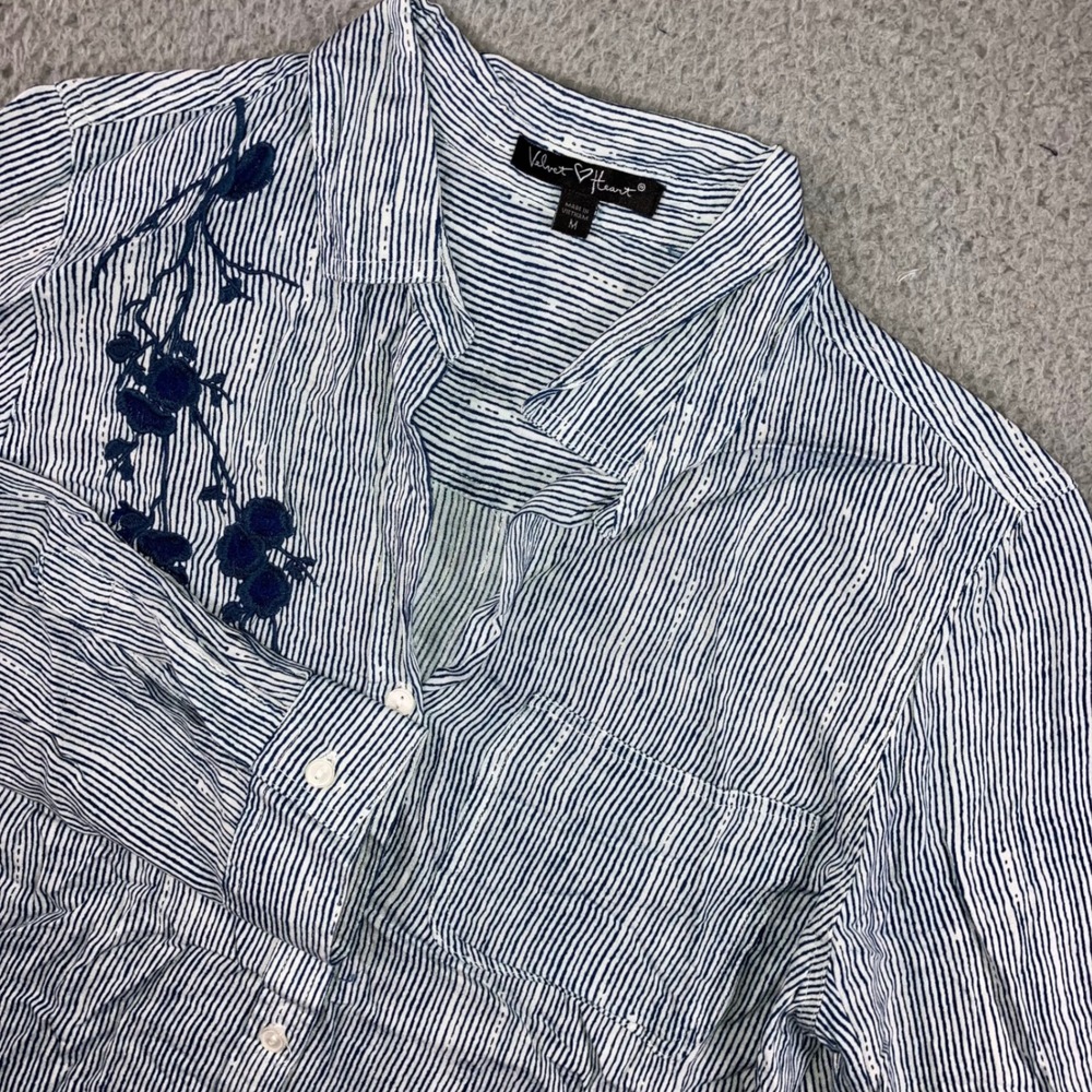 Velvet Heart Shirt Women M‎ Embroidered Floral Nautical Boho L/S Roll Tab Tunic